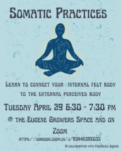 A blue human figure sits in a cross-legged position on a light blue background. A soft yellow halo surounds them. Above them text reads "Somatic Practices." Below them Text reads "Learn to connect your internal felt body to the external preceved body, Tuesday April 29th 6:30-7:30pm @ The Eugene Growers Space and on Zoom"